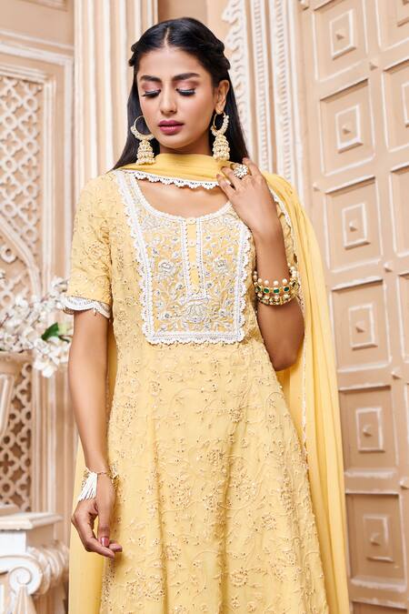 Aariyana Couture_Yellow Modal, Satin, Chiffon Embroidery, Tassels Round Neck Jaal Kurta Set_at_Aza_Fashions