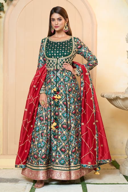 Aariyana Couture_Green Tussar, Georgette, Chanderi, Modal, Satin Gota Patola Print Anarkali Set_Online_at_Aza_Fashions