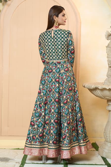 Shop_Aariyana Couture_Green Tussar, Georgette, Chanderi, Modal, Satin Gota Patola Print Anarkali Set_at_Aza_Fashions