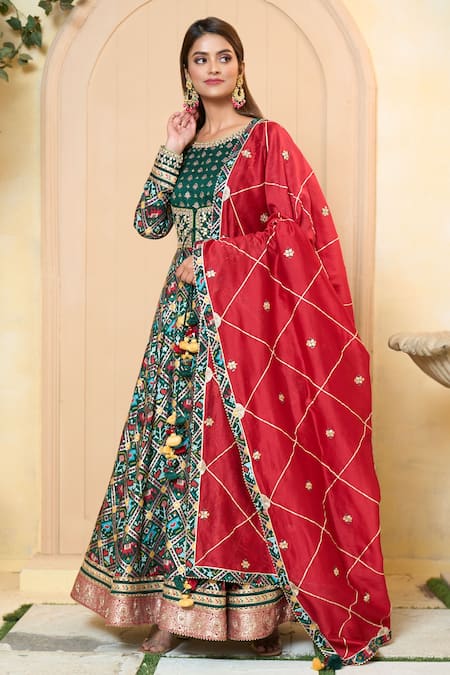 Buy_Aariyana Couture_Green Tussar, Georgette, Chanderi, Modal, Satin Gota Patola Print Anarkali Set_Online_at_Aza_Fashions