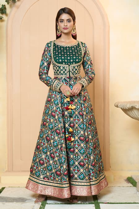 Shop_Aariyana Couture_Green Tussar, Georgette, Chanderi, Modal, Satin Gota Patola Print Anarkali Set_Online_at_Aza_Fashions