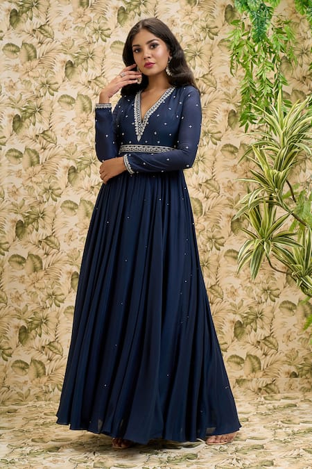 Shop Aariyana Couture Blue Viscose, Modal, Net Sequins, Beads Plunge Neck And Work Anarkali Set Shop_Aariyana Couture_Blue Viscose, Modal, Net Sequins, Beads Plunge Neck And Work Anarkali Set