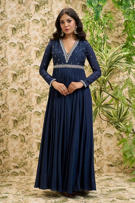 Aariyana Couture Blue Viscose, Modal, Net Sequins, Beads Plunge Neck And Work Anarkali Set Online at Aza Fashions Aariyana Couture_Blue Viscose, Modal, Net Sequins, Beads Plunge Neck And Work Anarkali Set_Online_at_Aza_Fashions