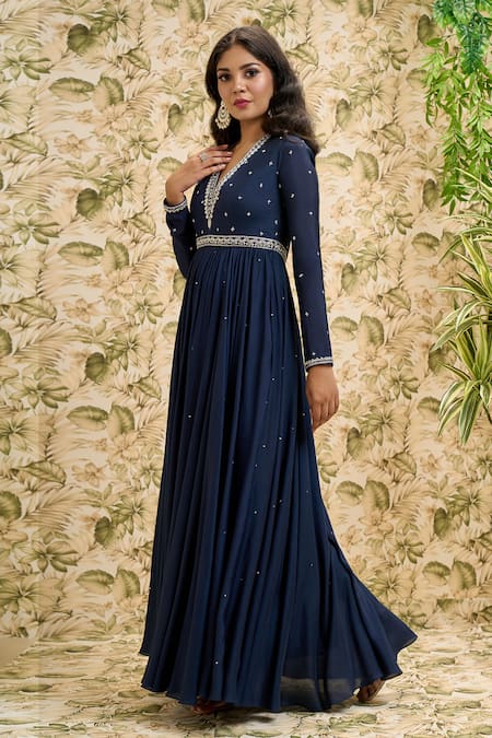 Buy Aariyana Couture Blue Viscose, Modal, Net Sequins, Beads Plunge Neck And Work Anarkali Set Online at Aza Fashions Buy_Aariyana Couture_Blue Viscose, Modal, Net Sequins, Beads Plunge Neck And Work Anarkali Set_Online_at_Aza_Fashions