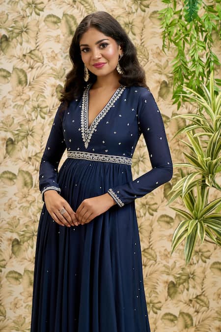 Shop Aariyana Couture Blue Viscose, Modal, Net Sequins, Beads Plunge Neck And Work Anarkali Set Online at Aza Fashions Shop_Aariyana Couture_Blue Viscose, Modal, Net Sequins, Beads Plunge Neck And Work Anarkali Set_Online_at_Aza_Fashions