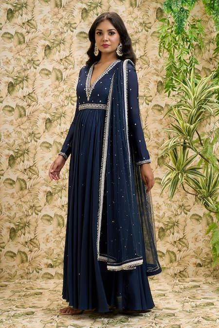 Aariyana Couture Blue Viscose, Modal, Net Sequins, Beads Plunge Neck And Work Anarkali Set at Aza Fashions Aariyana Couture_Blue Viscose, Modal, Net Sequins, Beads Plunge Neck And Work Anarkali Set_at_Aza_Fashions