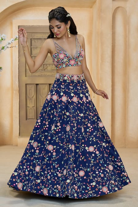 Aariyana Couture_Blue Silk, Net Embroidery Plunge Neck Floral Pop-up Bridal Lehenga Set_Online_at_Aza_Fashions