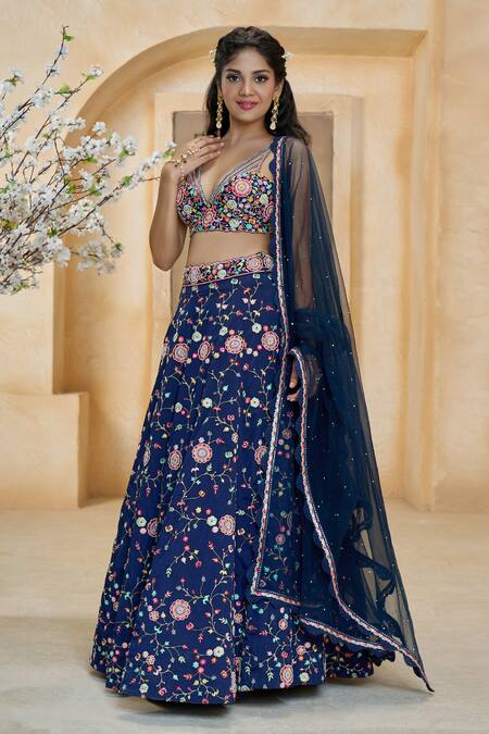 Shop_Aariyana Couture_Blue Silk, Net Embroidery Plunge Neck Floral Pop-up Bridal Lehenga Set_Online_at_Aza_Fashions