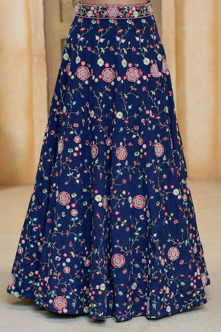 Aariyana Couture_Blue Silk, Net Embroidery Plunge Neck Floral Pop-up Bridal Lehenga Set_at_Aza_Fashions