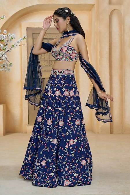 Buy_Aariyana Couture_Blue Silk, Net Embroidery Plunge Neck Floral Pop-up Bridal Lehenga Set