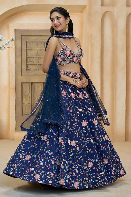 Shop_Aariyana Couture_Blue Silk, Net Embroidery Plunge Neck Floral Pop-up Bridal Lehenga Set