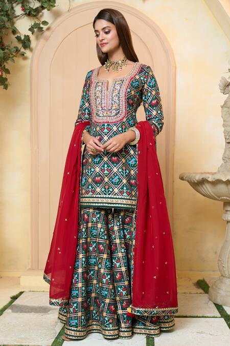 Aariyana Couture_Green Tussar, Georgette, Viscose Embroidery, Patola Print Kurta Sharara Set_Online_at_Aza_Fashions