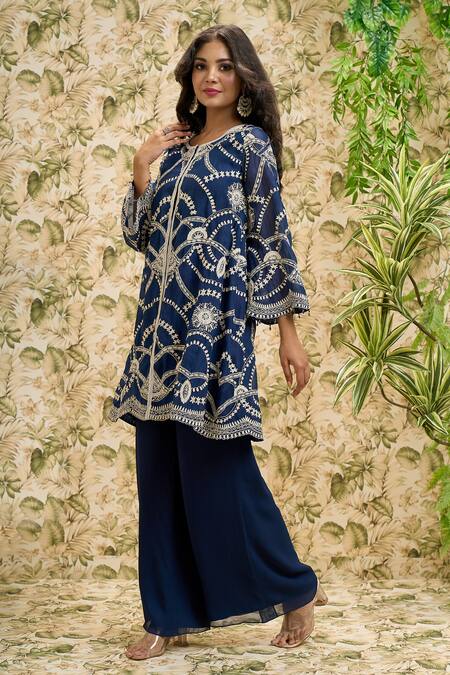 Buy Aariyana Couture Blue Organza, Viscose, Georgette Embroidery Jaal Work Kurta And Flared Pant Set Online at Aza Fashions Buy_Aariyana Couture_Blue Organza, Viscose, Georgette Embroidery Jaal Work Kurta And Flared Pant Set_Online_at_Aza_Fashions