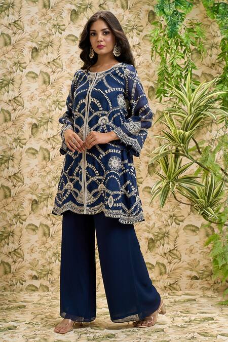 Shop Aariyana Couture Blue Organza, Viscose, Georgette Embroidery Jaal Work Kurta And Flared Pant Set Online at Aza Fashions Shop_Aariyana Couture_Blue Organza, Viscose, Georgette Embroidery Jaal Work Kurta And Flared Pant Set_Online_at_Aza_Fashions