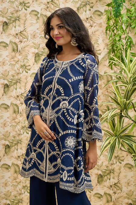 Aariyana Couture Blue Organza, Viscose, Georgette Embroidery Jaal Work Kurta And Flared Pant Set at Aza Fashions Aariyana Couture_Blue Organza, Viscose, Georgette Embroidery Jaal Work Kurta And Flared Pant Set_at_Aza_Fashions