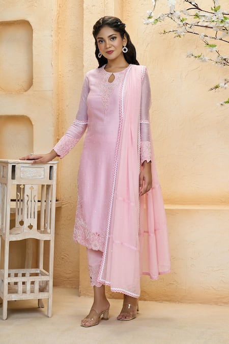 Shop Aariyana Couture Pink Chanderi, Cotton, Silk, Viscose, Organza Pearls, Sequins, Kurta Set Online at Aza Fashions Shop_Aariyana Couture_Pink Chanderi, Cotton, Silk, Viscose, Organza Pearls, Sequins, Kurta Set_Online_at_Aza_Fashions