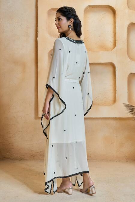 Shop Aariyana Couture Off White Viscose, Georgette, Taffeta Geometric Thread Embroidered Kaftan at Aza Fashions Shop_Aariyana Couture_Off White Viscose, Georgette, Taffeta Geometric Thread Embroidered Kaftan_at_Aza_Fashions
