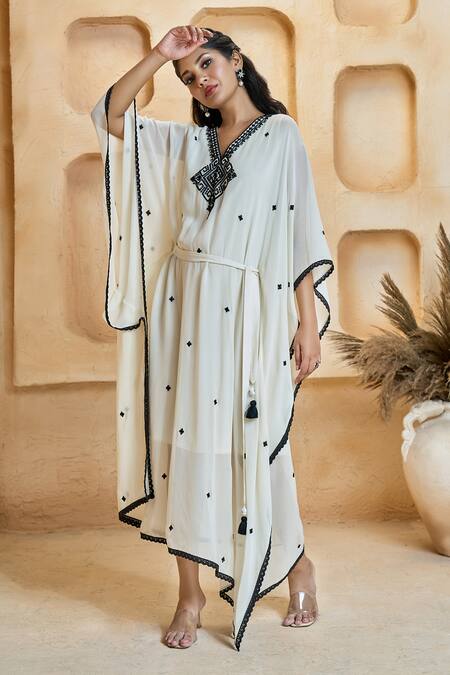 Buy Aariyana Couture Off White Viscose, Georgette, Taffeta Geometric Thread Embroidered Kaftan Buy_Aariyana Couture_Off White Viscose, Georgette, Taffeta Geometric Thread Embroidered Kaftan