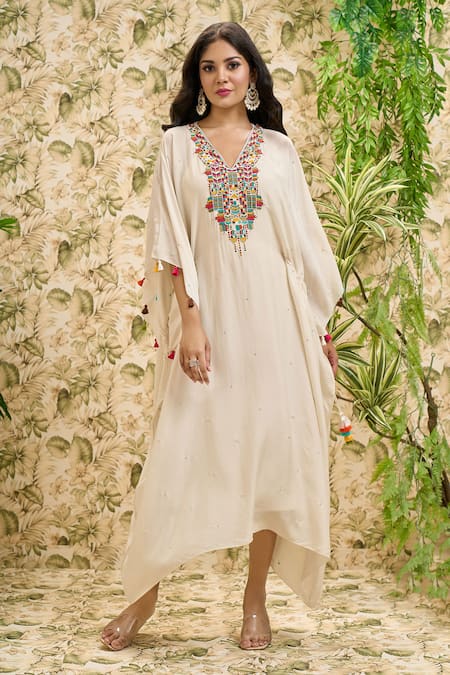Buy Aariyana Couture Off White Modal, Cotton Tassels V-neck Thread And Pearl Work Kaftan Online at Aza Fashions Buy_Aariyana Couture_Off White Modal, Cotton Tassels V-neck Thread And Pearl Work Kaftan _Online_at_Aza_Fashions