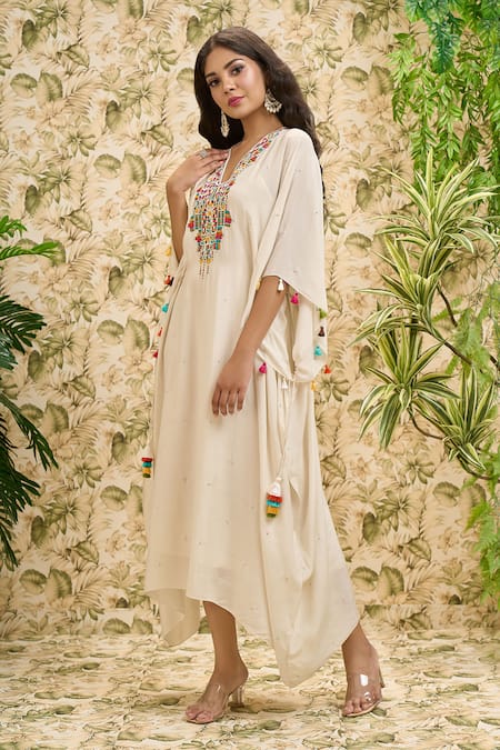 Shop Aariyana Couture Off White Modal, Cotton Tassels V-neck Thread And Pearl Work Kaftan Online at Aza Fashions Shop_Aariyana Couture_Off White Modal, Cotton Tassels V-neck Thread And Pearl Work Kaftan _Online_at_Aza_Fashions