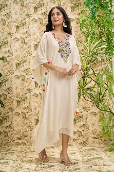 Aariyana Couture Off White Modal, Cotton Tassels V-neck Thread And Pearl Work Kaftan at Aza Fashions Aariyana Couture_Off White Modal, Cotton Tassels V-neck Thread And Pearl Work Kaftan _at_Aza_Fashions