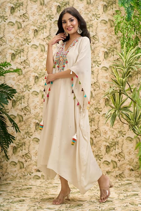 Buy Aariyana Couture Off White Modal, Cotton Tassels V-neck Thread And Pearl Work Kaftan Buy_Aariyana Couture_Off White Modal, Cotton Tassels V-neck Thread And Pearl Work Kaftan