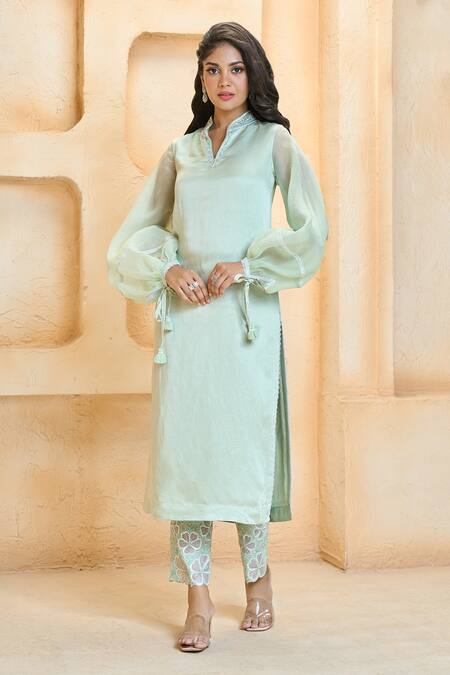 Buy_Aariyana Couture_Green Linen, Silk, Cotton Pearls, Sequins, Puffed Sleeve Kurta And Hem Pant Set_Online_at_Aza_Fashions