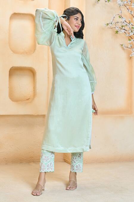 Aariyana Couture_Green Linen, Silk, Cotton Pearls, Sequins, Puffed Sleeve Kurta And Hem Pant Set_Online_at_Aza_Fashions