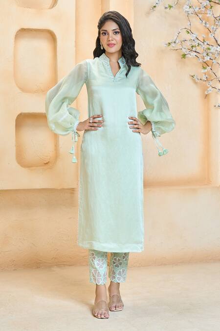 Aariyana Couture_Green Linen, Silk, Cotton Pearls, Sequins, Puffed Sleeve Kurta And Hem Pant Set_at_Aza_Fashions