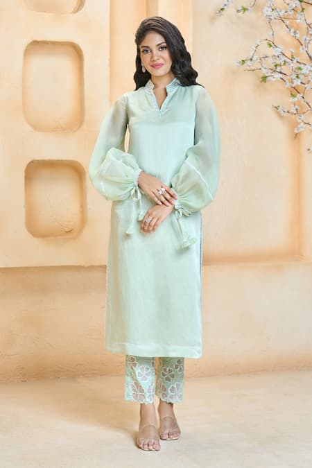 Buy_Aariyana Couture_Green Linen, Silk, Cotton Pearls, Sequins, Puffed Sleeve Kurta And Hem Pant Set