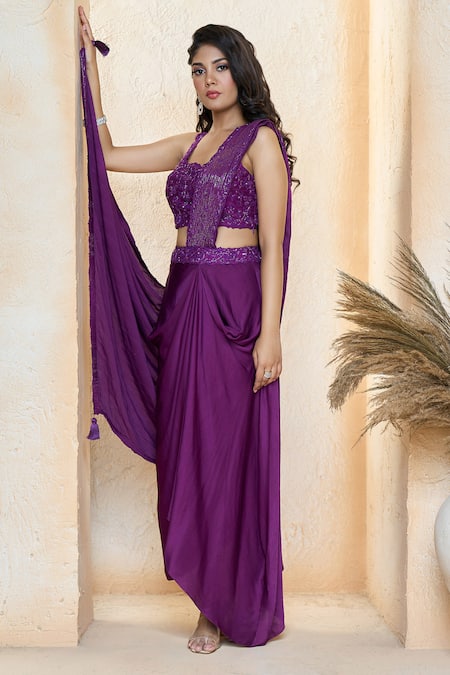 Buy Aariyana Couture Purple Modal, Satin, Silk Embroidery Round Neck Pre-draped Saree With Blouse Online at Aza Fashions Buy_Aariyana Couture_Purple Modal, Satin, Silk Embroidery Round Neck Pre-draped Saree With Blouse_Online_at_Aza_Fashions