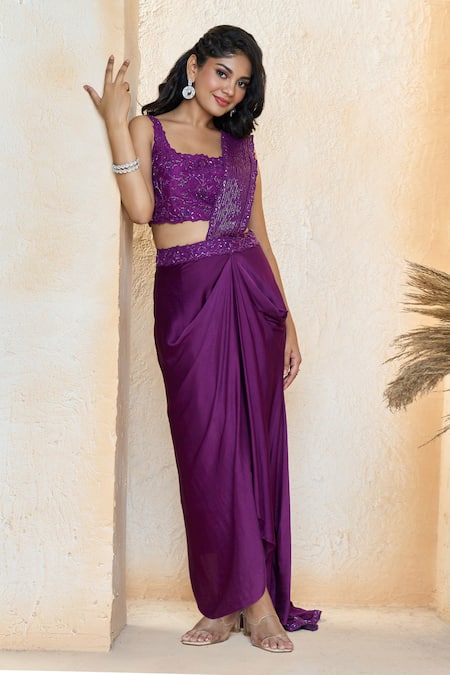 Aariyana Couture Purple Modal, Satin, Silk Embroidery Round Neck Pre-draped Saree With Blouse at Aza Fashions Aariyana Couture_Purple Modal, Satin, Silk Embroidery Round Neck Pre-draped Saree With Blouse_at_Aza_Fashions