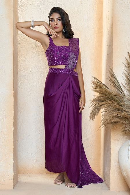 Buy Aariyana Couture Purple Modal, Satin, Silk Embroidery Round Neck Pre-draped Saree With Blouse Buy_Aariyana Couture_Purple Modal, Satin, Silk Embroidery Round Neck Pre-draped Saree With Blouse