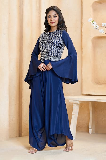 Shop_Ariyana By Aza_Blue Silk, Crepe Embroidery Boat Neck Hand Top And Asymmetric Pant Set 