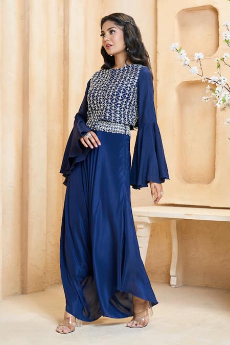 Buy_Ariyana By Aza_Blue Silk, Crepe Embroidery Boat Neck Hand Top And Asymmetric Pant Set _Online_at_Aza_Fashions