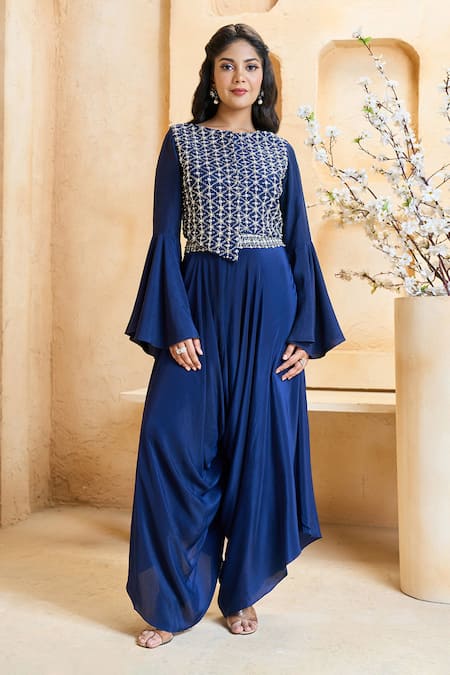 Shop_Ariyana By Aza_Blue Silk, Crepe Embroidery Boat Neck Hand Top And Asymmetric Pant Set _Online_at_Aza_Fashions