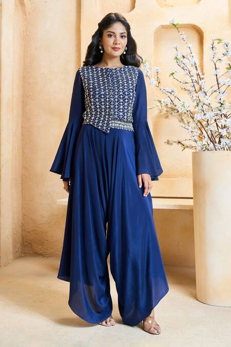 Buy_Ariyana By Aza_Blue Silk, Crepe Embroidery Boat Neck Hand Top And Asymmetric Pant Set 