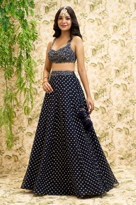 Aariyana Couture Blue Denim, Net, Chiffon Tassels, Metallic Thread, Embroidery Lehenga Set Online at Aza Fashions Aariyana Couture_Blue Denim, Net, Chiffon Tassels, Metallic Thread, Embroidery Lehenga Set_Online_at_Aza_Fashions