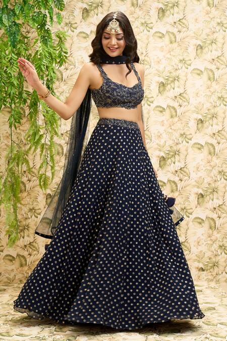 Shop Aariyana Couture Blue Denim, Net, Chiffon Tassels, Metallic Thread, Embroidery Lehenga Set Online at Aza Fashions Shop_Aariyana Couture_Blue Denim, Net, Chiffon Tassels, Metallic Thread, Embroidery Lehenga Set_Online_at_Aza_Fashions