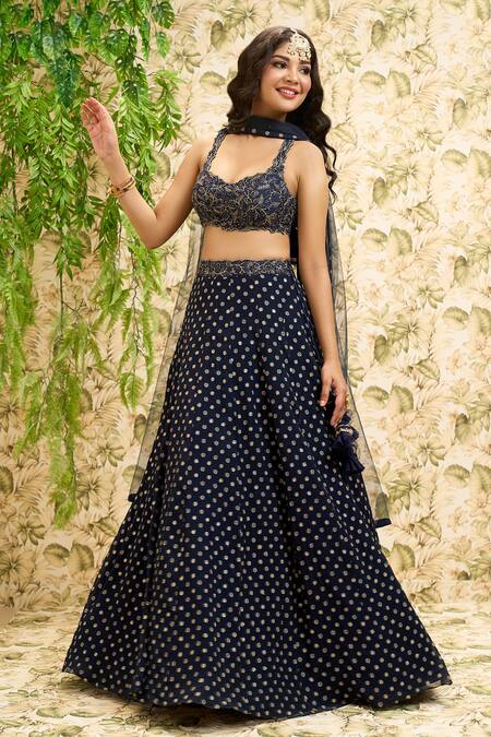 Aariyana Couture Blue Denim, Net, Chiffon Tassels, Metallic Thread, Embroidery Lehenga Set at Aza Fashions Aariyana Couture_Blue Denim, Net, Chiffon Tassels, Metallic Thread, Embroidery Lehenga Set_at_Aza_Fashions