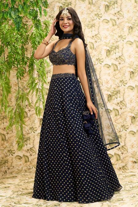 Buy Aariyana Couture Blue Denim, Net, Chiffon Tassels, Metallic Thread, Embroidery Lehenga Set Buy_Aariyana Couture_Blue Denim, Net, Chiffon Tassels, Metallic Thread, Embroidery Lehenga Set