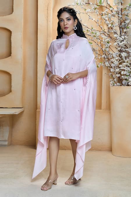 Shop_Aariyana Couture_Pink Modal, Satin, Taffeta Embroidery, Mirrors Mandarin Collar Scattered Tunic