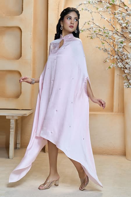 Buy_Aariyana Couture_Pink Modal, Satin, Taffeta Embroidery, Mirrors Mandarin Collar Scattered Tunic_Online_at_Aza_Fashions