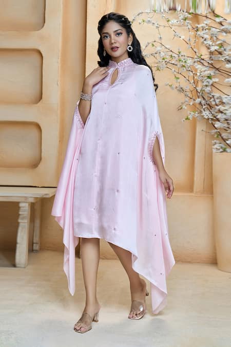 Shop_Aariyana Couture_Pink Modal, Satin, Taffeta Embroidery, Mirrors Mandarin Collar Scattered Tunic_Online_at_Aza_Fashions