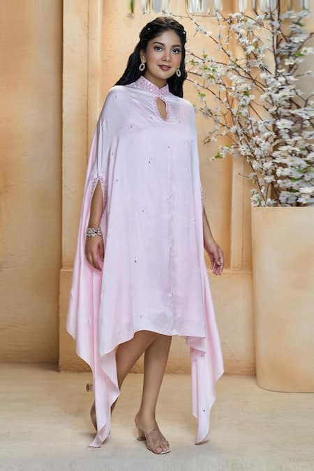 Buy_Aariyana Couture_Pink Modal, Satin, Taffeta Embroidery, Mirrors Mandarin Collar Scattered Tunic