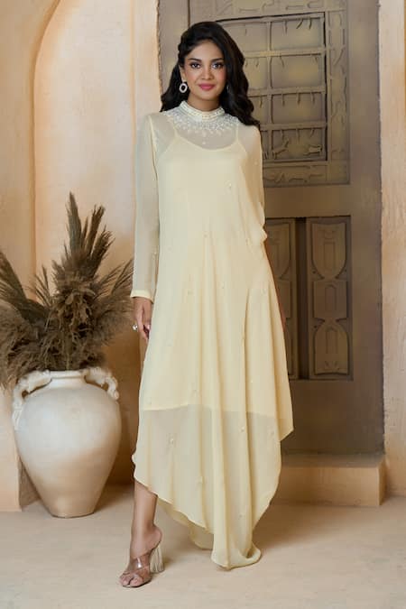 Buy_Aariyana Couture_Beige Viscose, Georgette Cut Work, Embroidery Mandarin Tonal Asymmetric Tunic_Online_at_Aza_Fashions