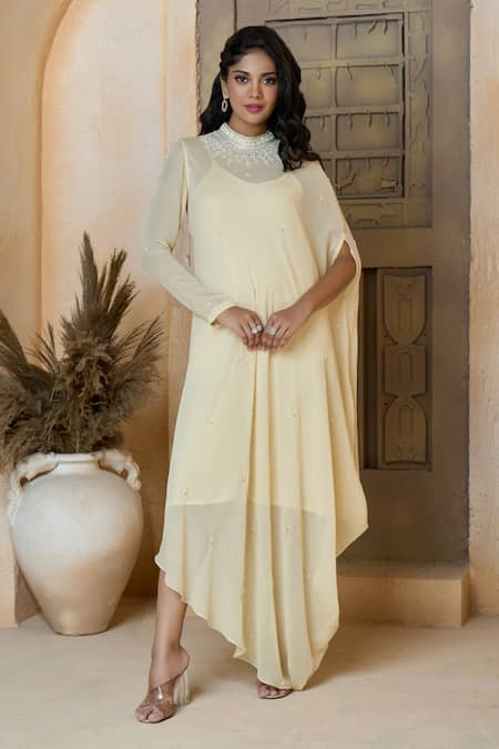 Buy_Aariyana Couture_Beige Viscose, Georgette Cut Work, Embroidery Mandarin Tonal Asymmetric Tunic