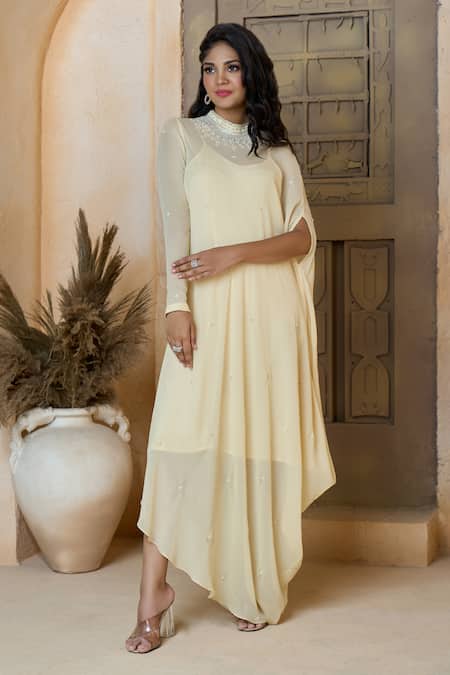 Aariyana Couture_Beige Viscose, Georgette Cut Work, Embroidery Mandarin Tonal Asymmetric Tunic_at_Aza_Fashions
