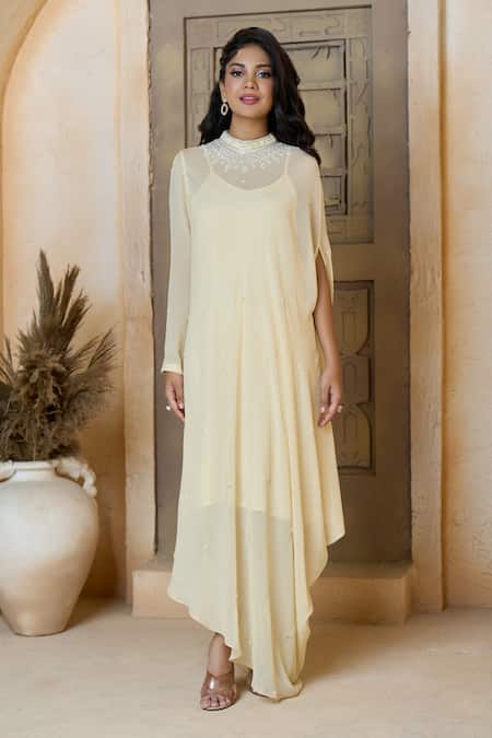 Aariyana Couture_Beige Viscose, Georgette Cut Work, Embroidery Mandarin Tonal Asymmetric Tunic_Online_at_Aza_Fashions