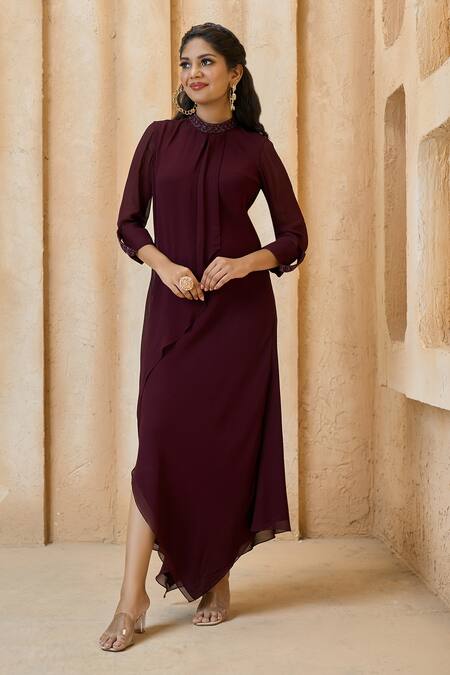 Shop_Aariyana Couture_Wine Viscose, Georgette Embroidery Mandarin Collar Overlapped Panelled Tunic_Online_at_Aza_Fashions